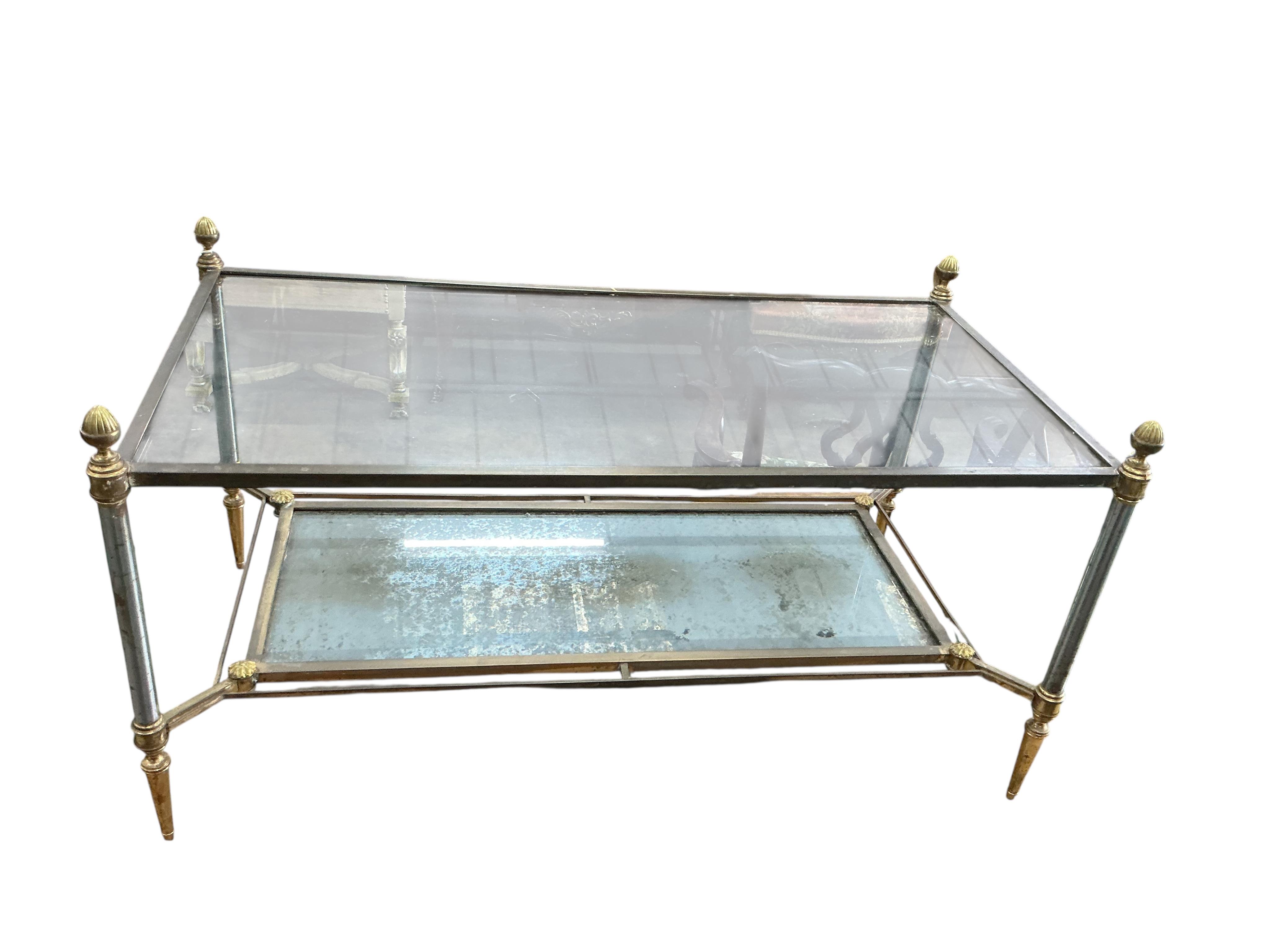 A Maison Jansen style rectangular brass and steel two tier coffee table with mirrored undertier, width 92cm, depth 50cm, height 48cm